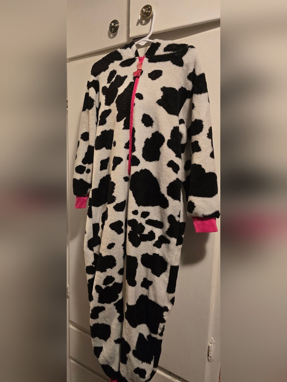 Girls Cow Print Fleece Hooded Onesie with Pink Trim